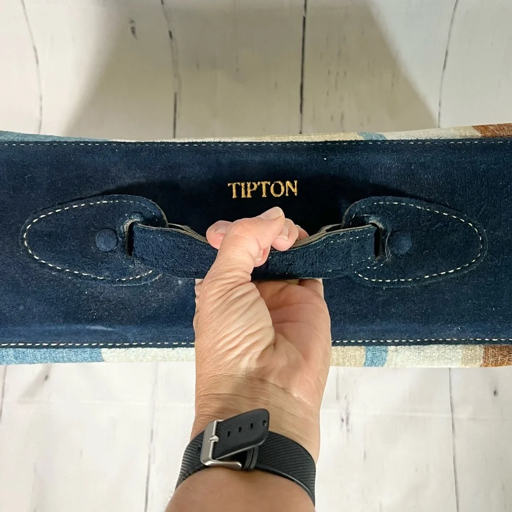 Vintage French Blue suede, striped fabric luggage, travel suitcase rare